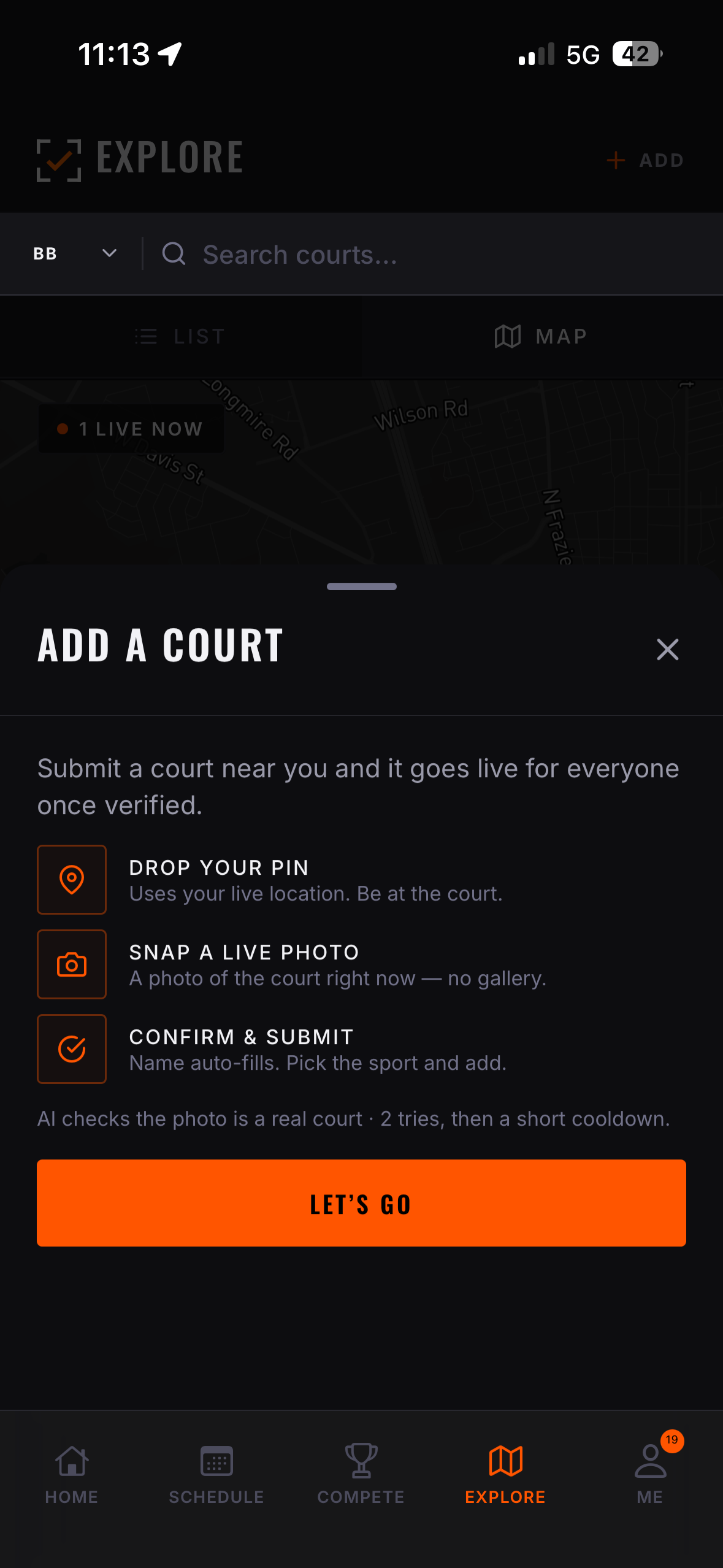LocalCheck app screen showing the add-a-court flow