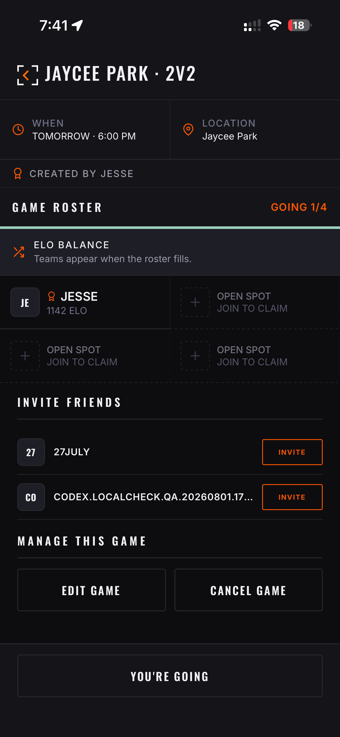 LocalCheck game roster showing joined players and open positions