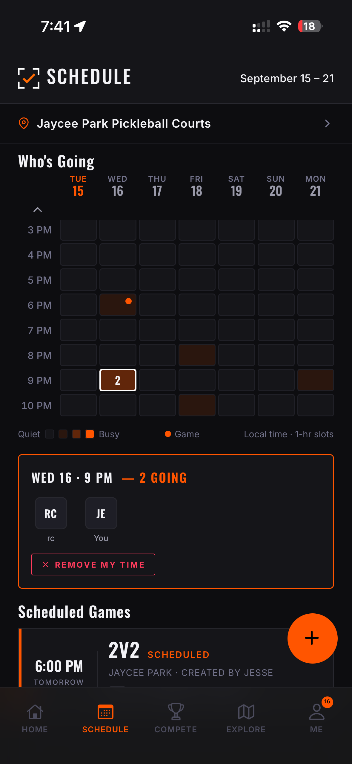 LocalCheck schedule with planned time and a scheduled game