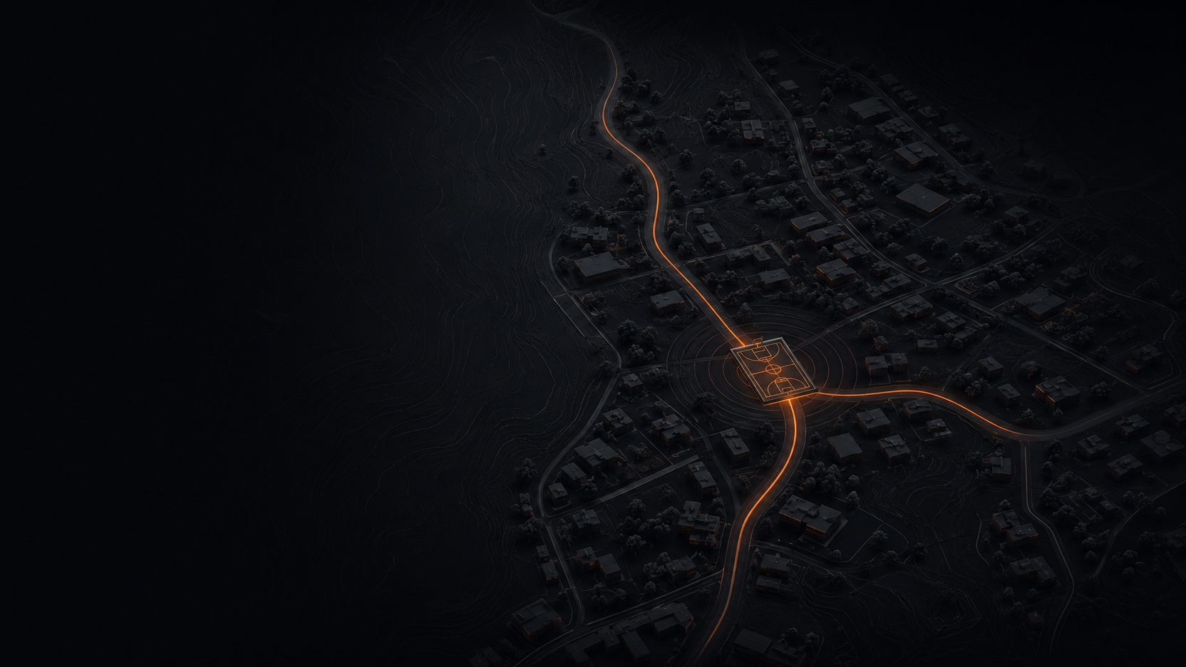 Dark topographic Austin map with live routes converging at a basketball court